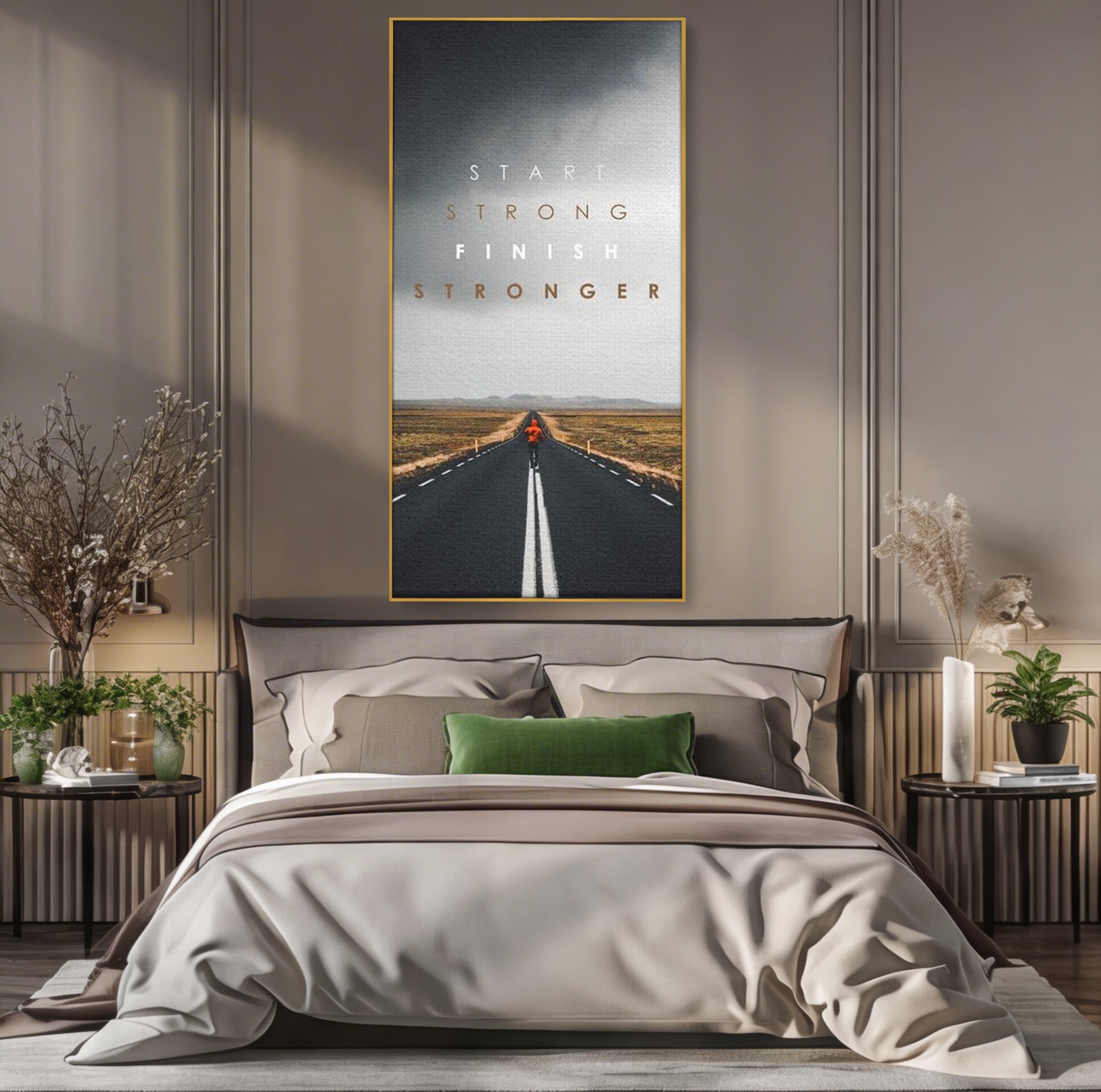 Tablou canvas cu tablou canvas cu alergator pe sosea, in rama de aluminiu auriu, pe perete intr-un dormitor